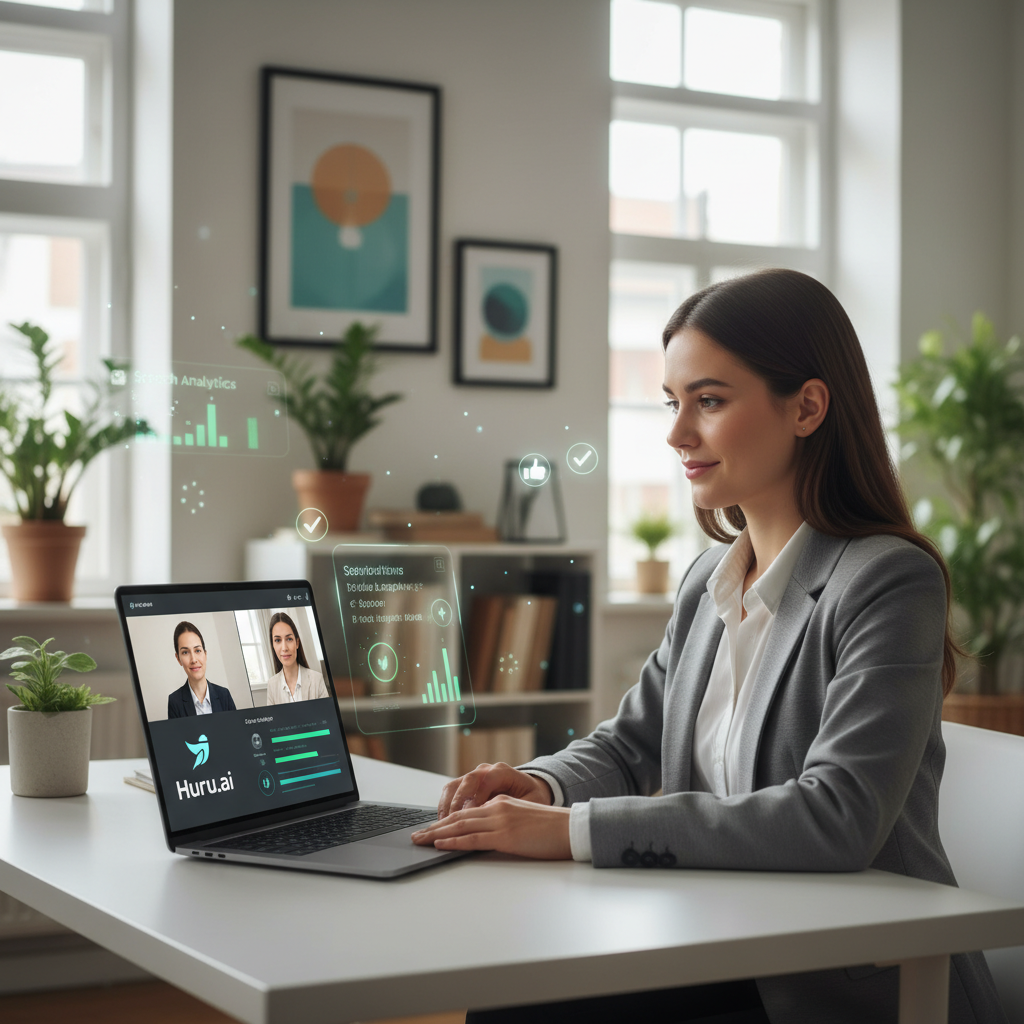 A professional practicing for a virtual job interview at home using an AI-powered Huru.ai platform on a laptop, looking focused and confident, with digital feedback elements.
