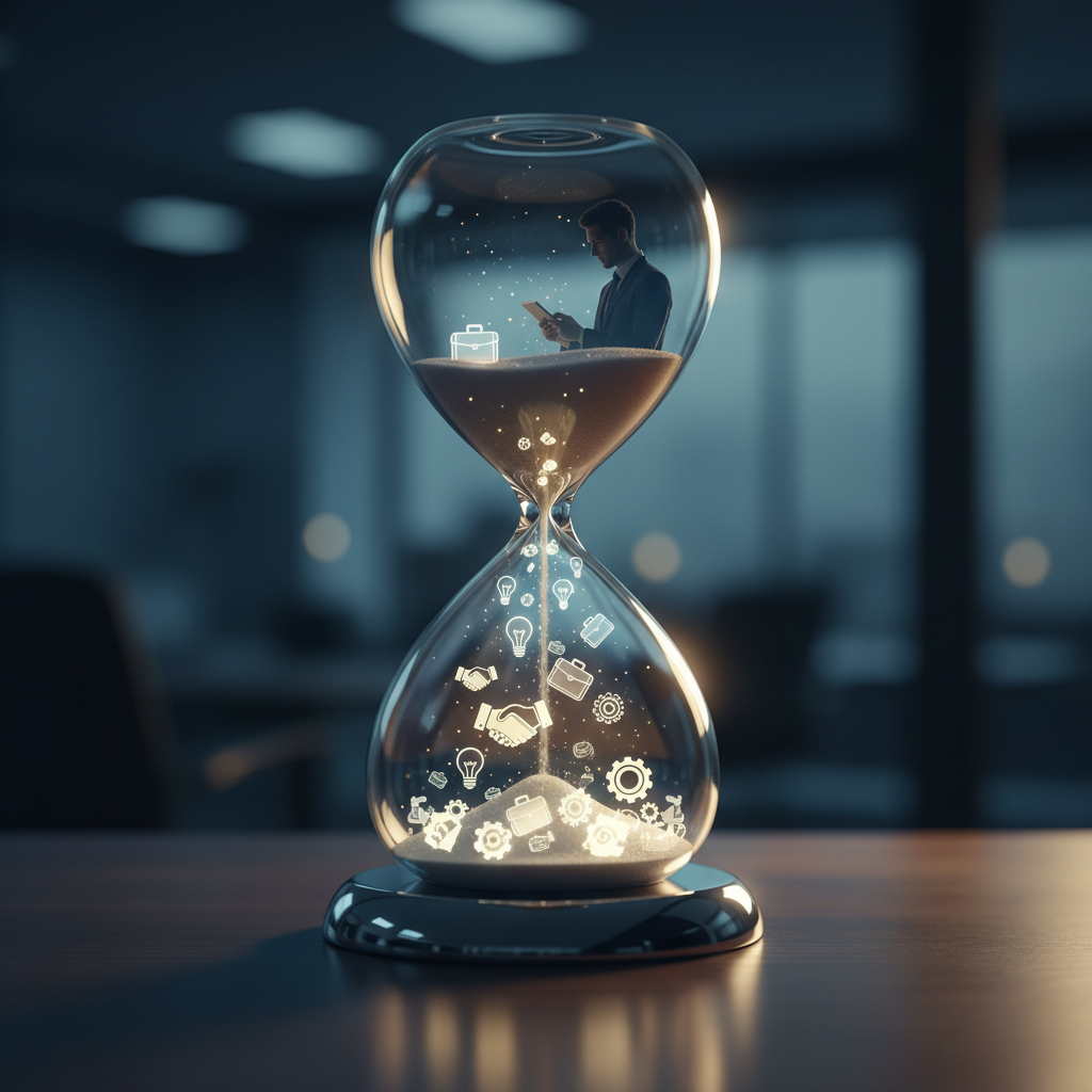 Reloj de arena con iconos profesionales simbolizando la rapidez e inteligencia en la búsqueda de empleo