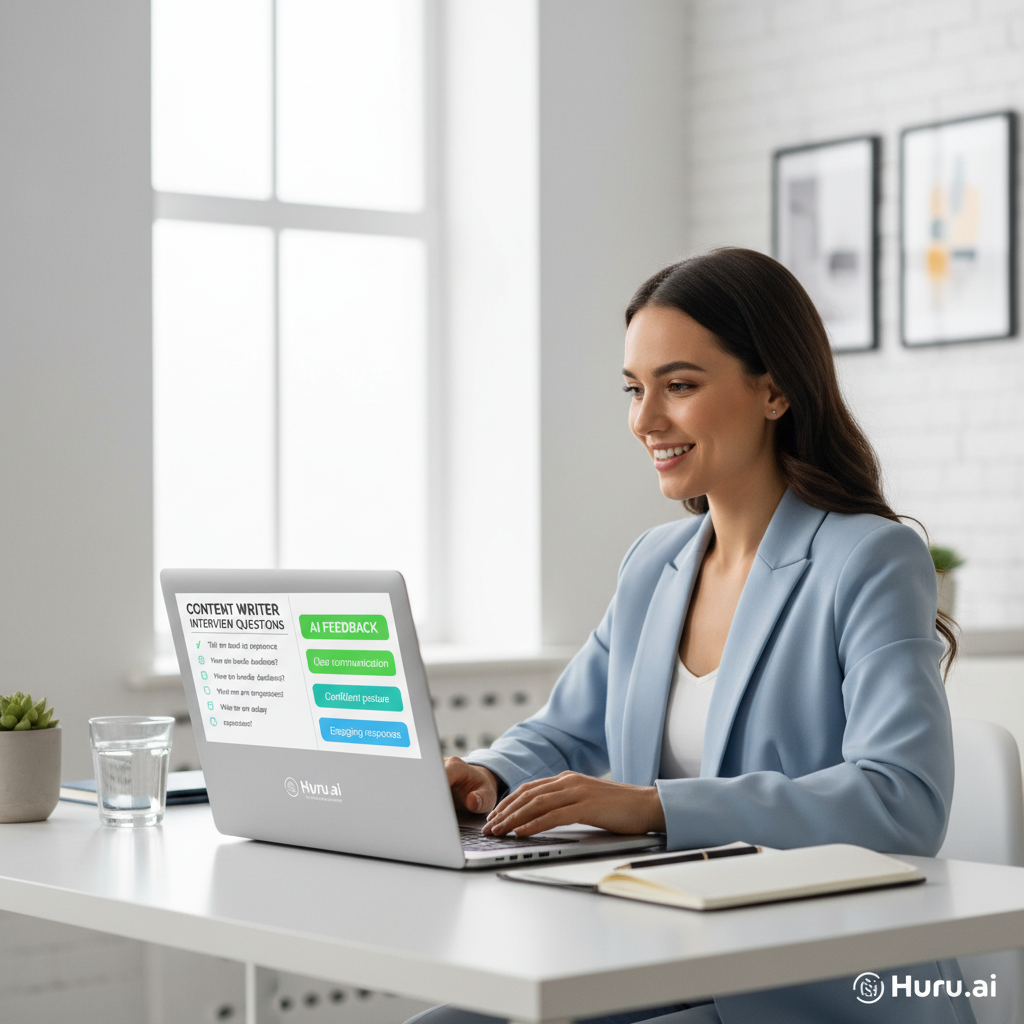 Confident candidate practicing content writer interview with AI feedback on laptop
