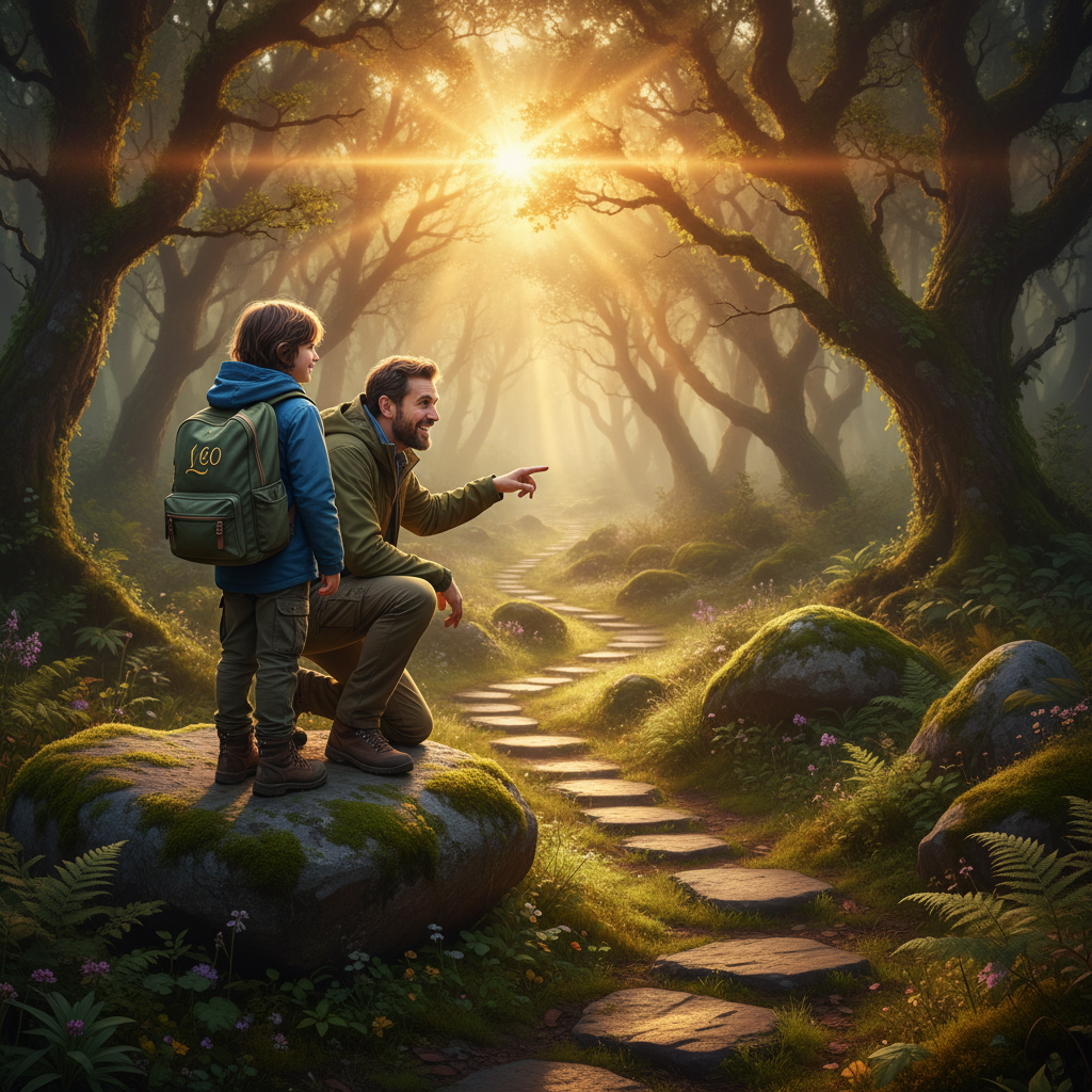A child and their aunt/uncle embark on an adventure in a magical sunrise forest with a personalized backpack, symbolizing their special bond.
