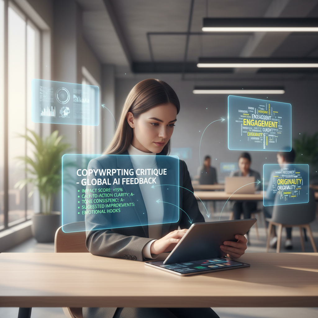 Copywriter reviewing portfolio with floating AI analysis panels in a modern workspace