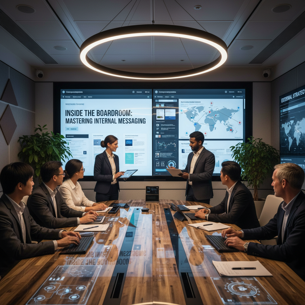A modern hybrid boardroom with diverse communicators collaborating on messaging strategies and digital dashboards