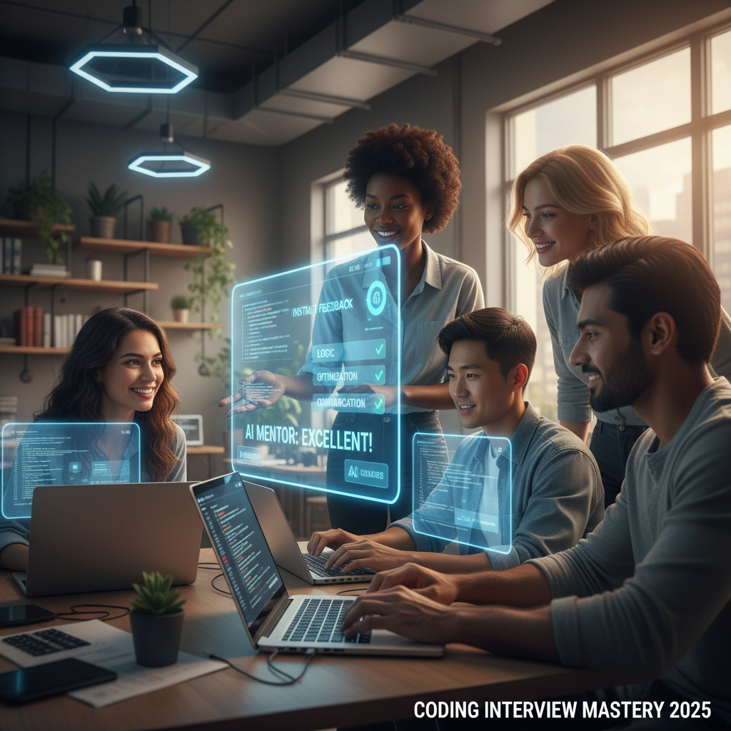 Software engineers collaborating and practicing coding interviews with AI-powered feedback in a modern tech workspace