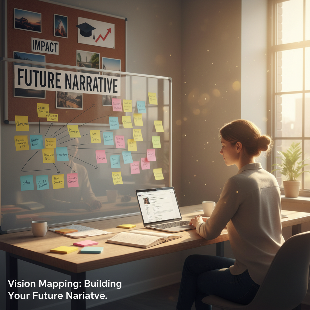 A professional mapping out long-term career goals with a vision board and sticky notes in a modern workspace
