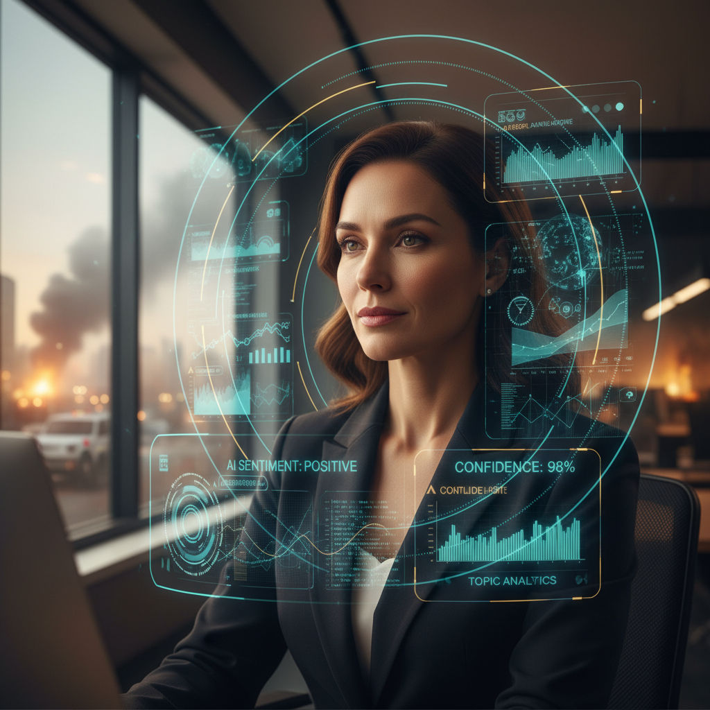 Professional calmly handling a high-stress crisis interview, surrounded by AI-powered feedback graphics.