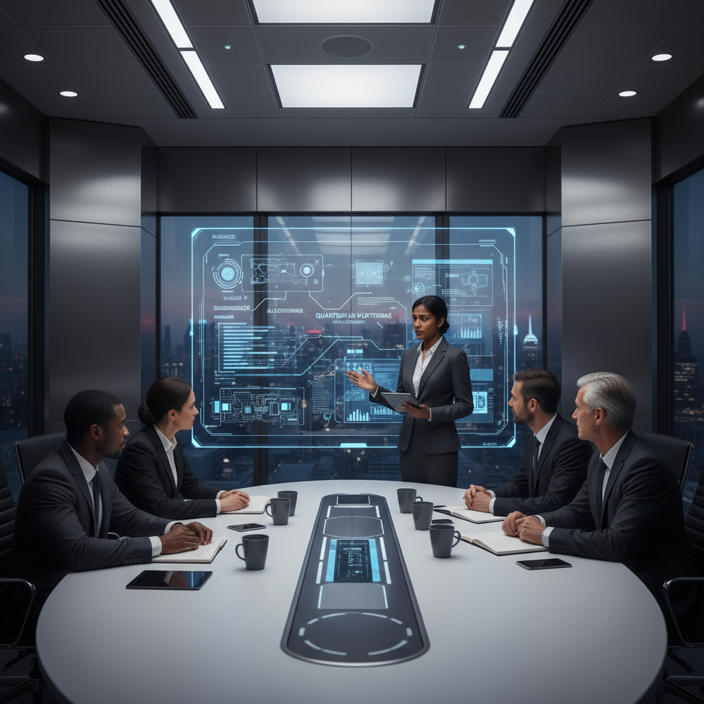 CTO candidate confidently presenting technology strategy to executive panel