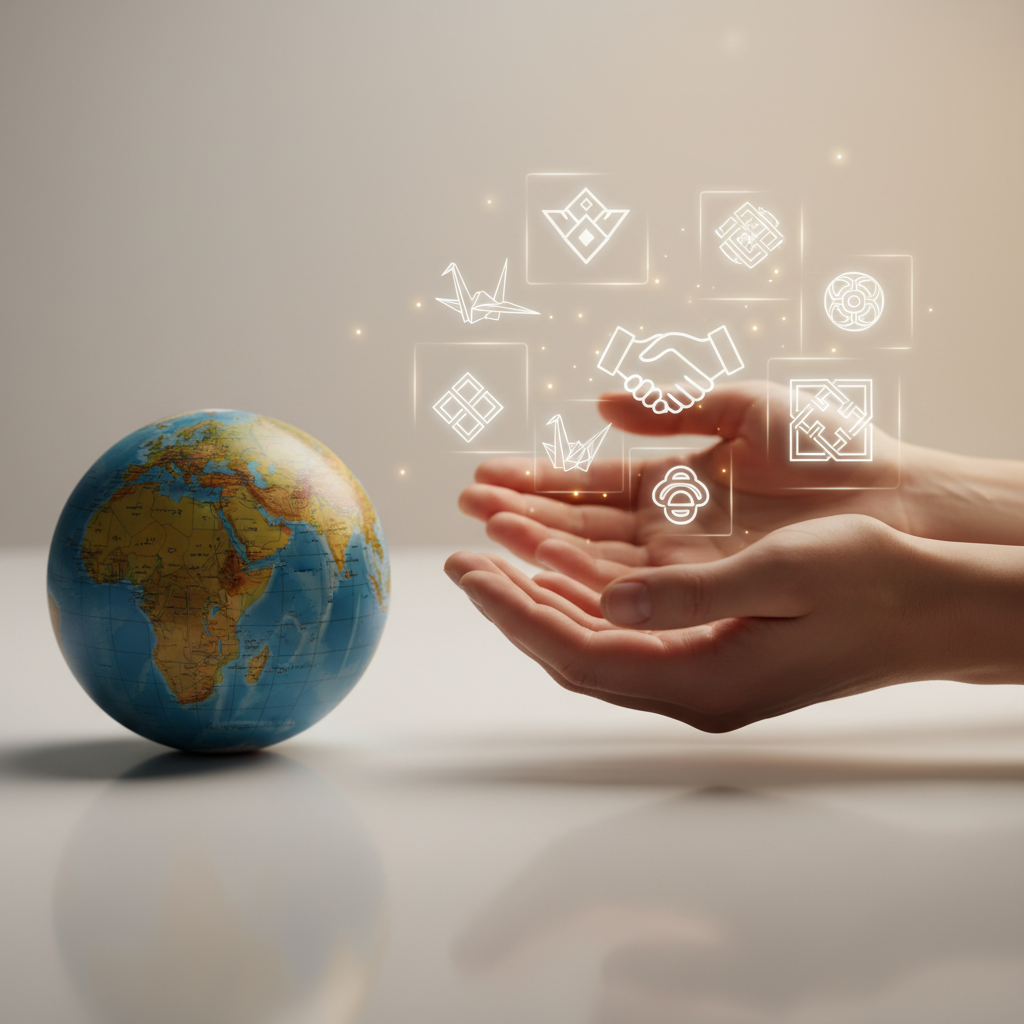 Open hands welcoming a globe, with holographic cultural symbols illustrating diversity and adaptability