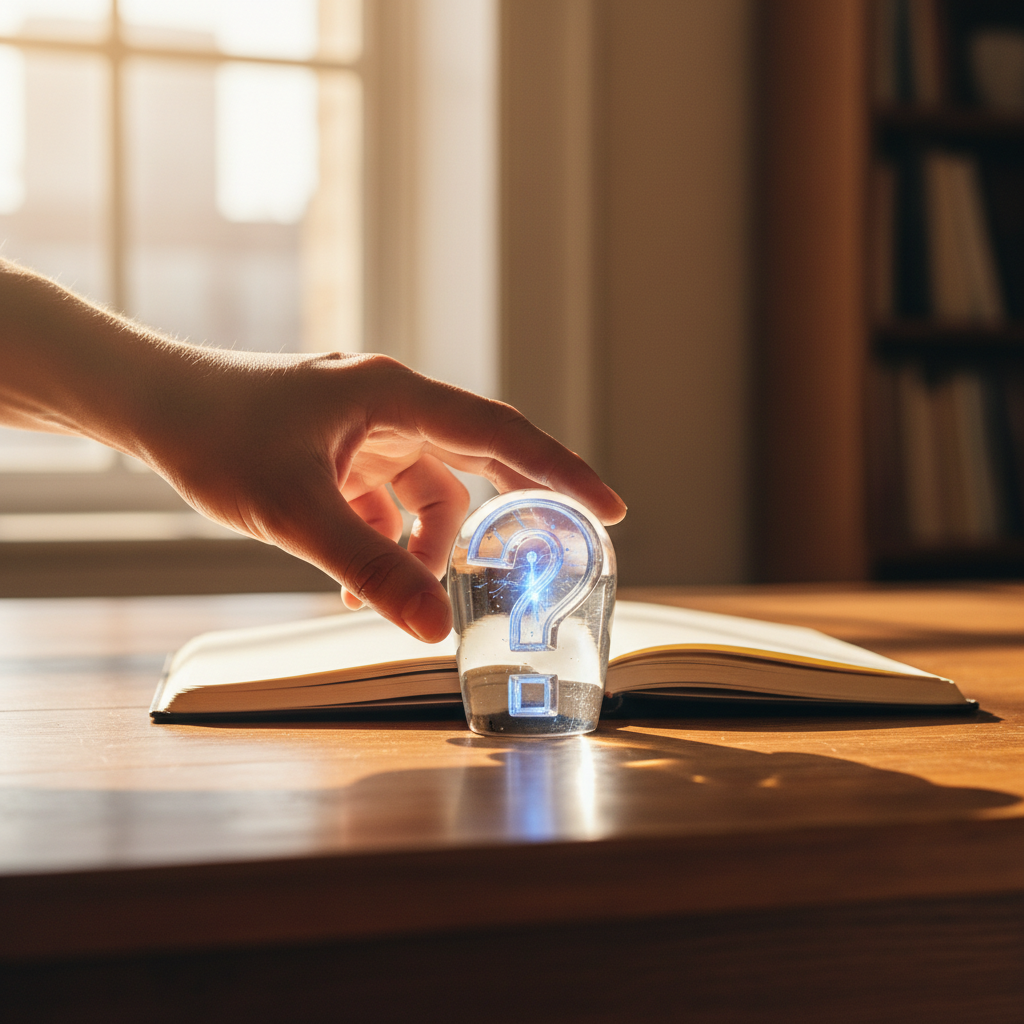 A hand adjusting a glowing question mark paperweight next to an open notebook, symbolizing authentic curiosity in interviews
