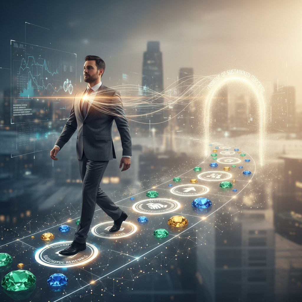 A professional walking a luminous career path, highlighting successful renewals and customer engagement.