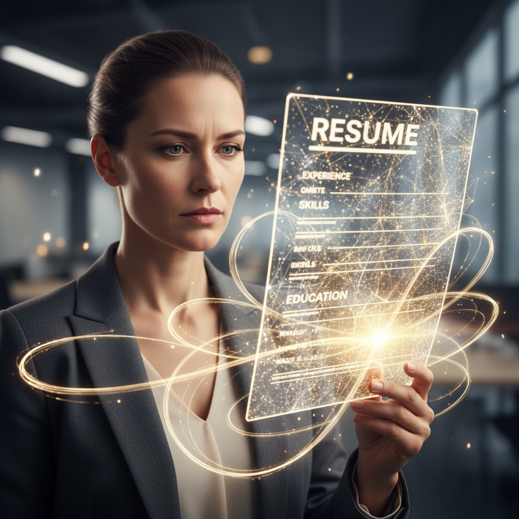 Professionnel examinant un CV ATS-friendly lumineux, connecté à l’IA
