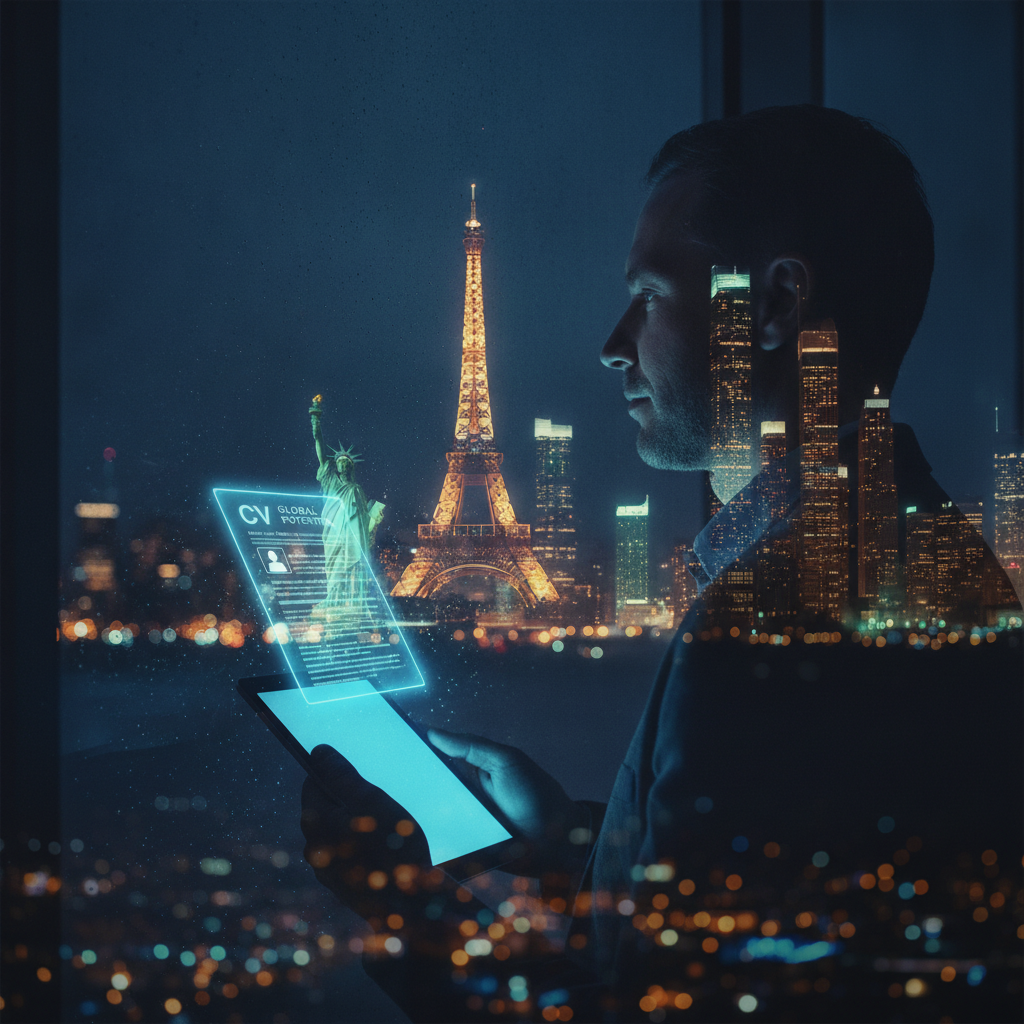 Persona con CV brillante ante ventana con monumentos internacionales fusionados en su reflejo