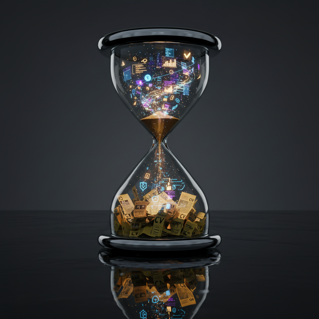 Comparativa visual entre currículum tradicional y moderno, simbolizada por un reloj de arena que transforma un CV antiguo en uno moderno