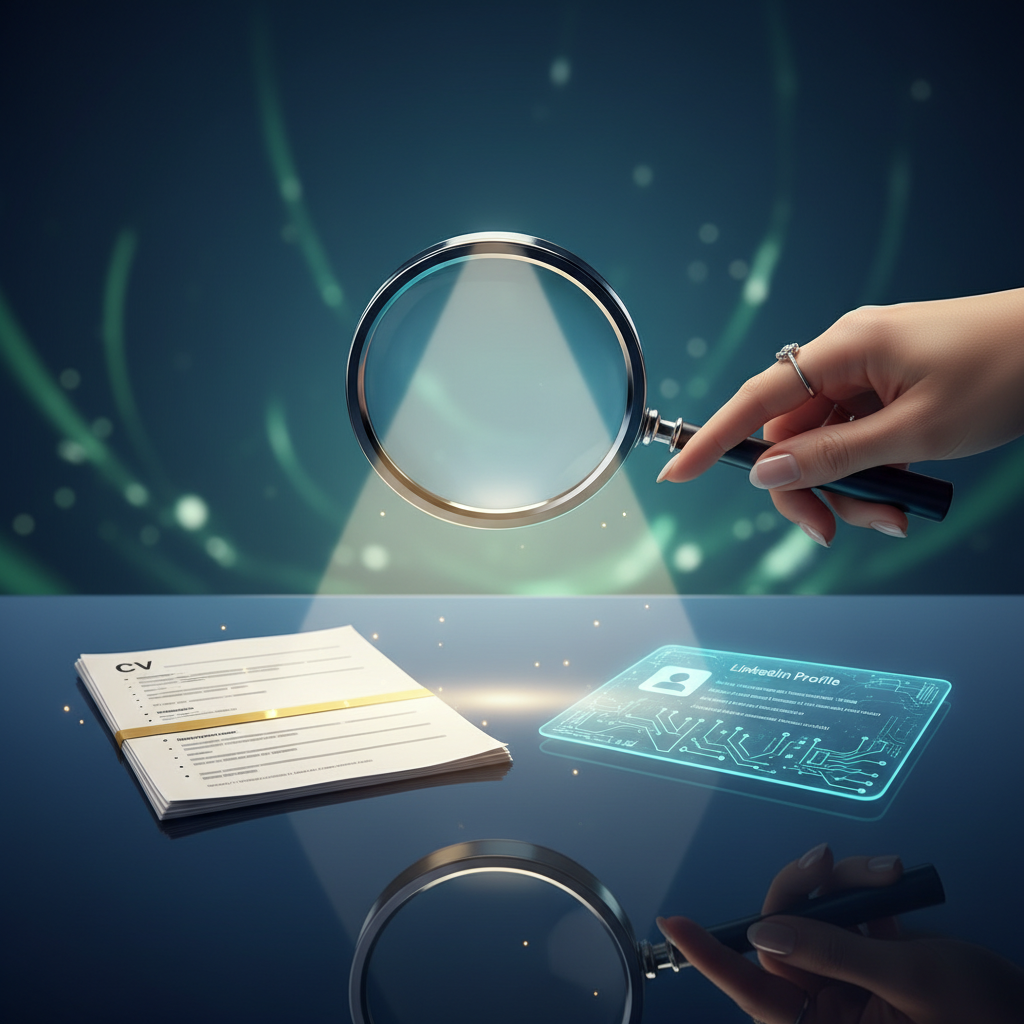 Reclutador revisando primero LinkedIn y luego el CV – magnifying glass sobre ambos