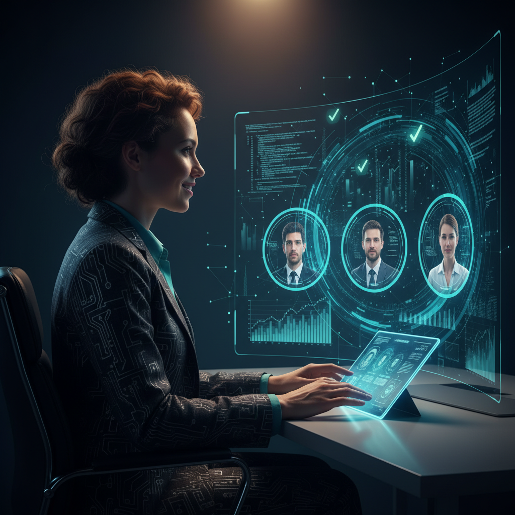 A poised cybersecurity analyst in a modern workspace, illuminated by holographic feedback and data, responding to a virtual interview panel.