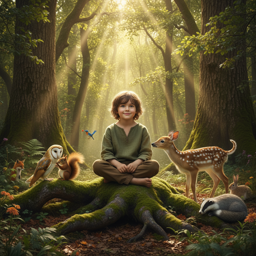 Child watching woodland animals share acts of kindness in a sunlit forest, symbolizing how kindness is rooted in nature