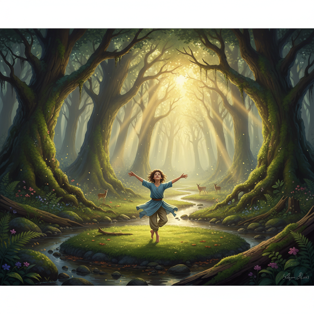 Young dancer spinning in a sunlit forest, symbolizing joy and resilience brought by motivational dance quotes for kids