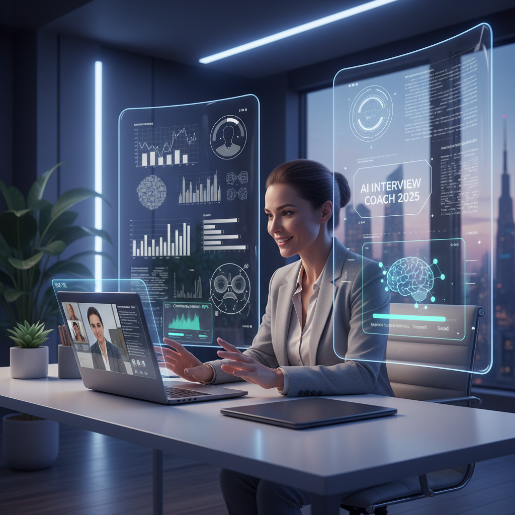 Professional confidently practicing for an interview using AI data insights in a modern home office, 2025