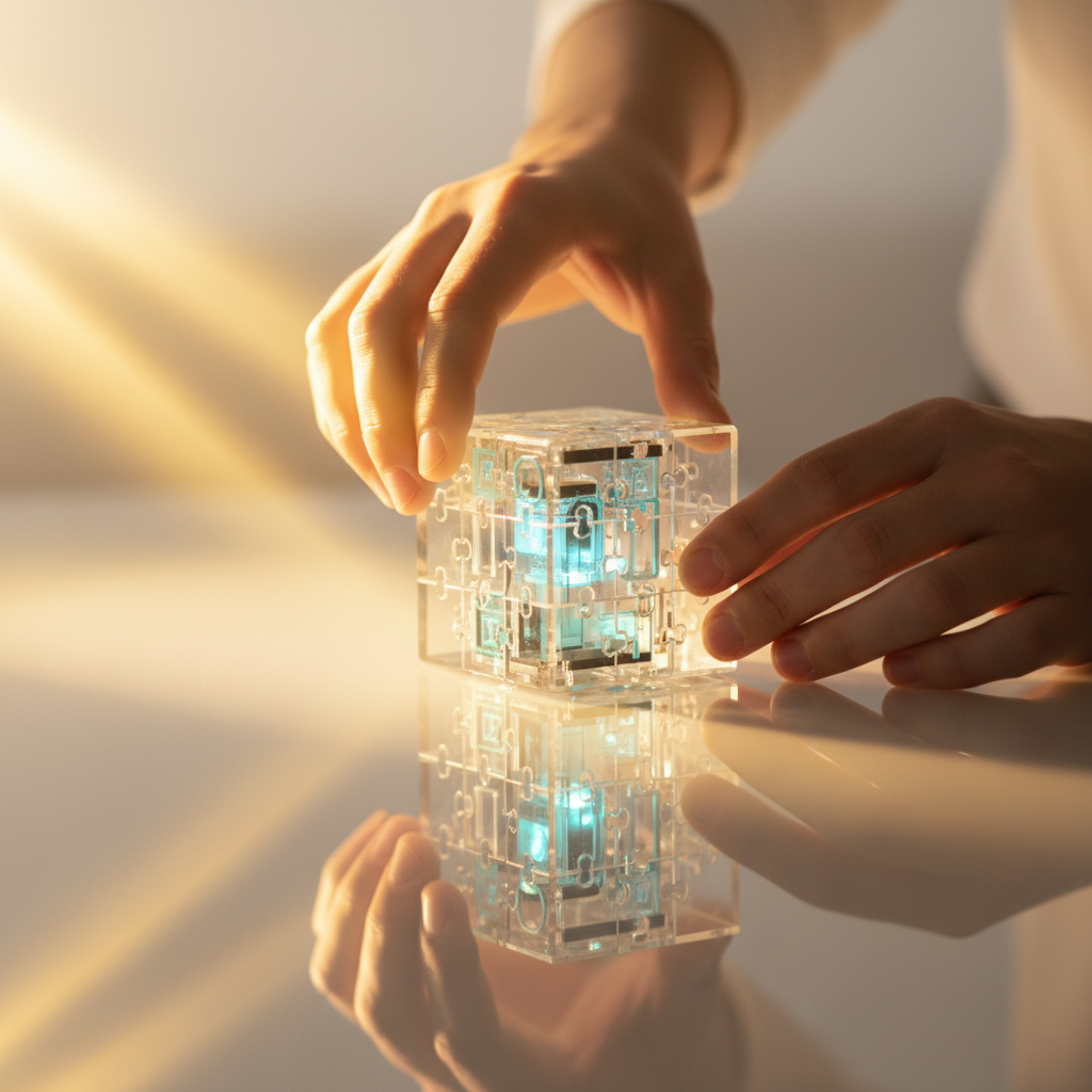 Hands assembling a glowing transparent cube puzzle on a mirrored surface, symbolizing robust data governance and compliance structure
