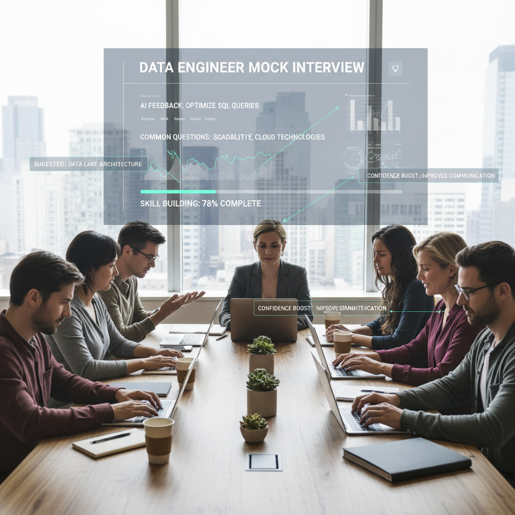 Job seekers practicing Data Engineer interviews with AI feedback in a modern workspace