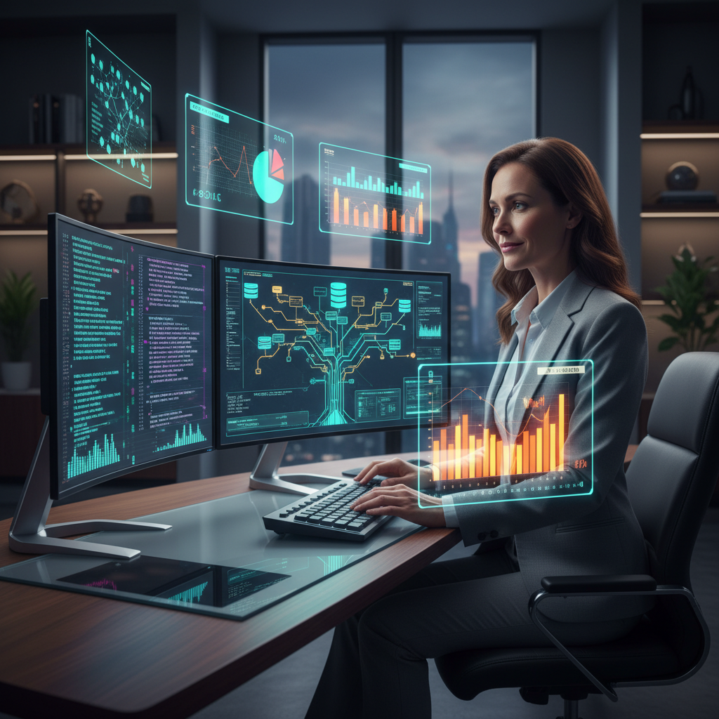 Confident job seeker practicing database administrator interview questions in a high-tech office with multitple monitors and data analytics overlays