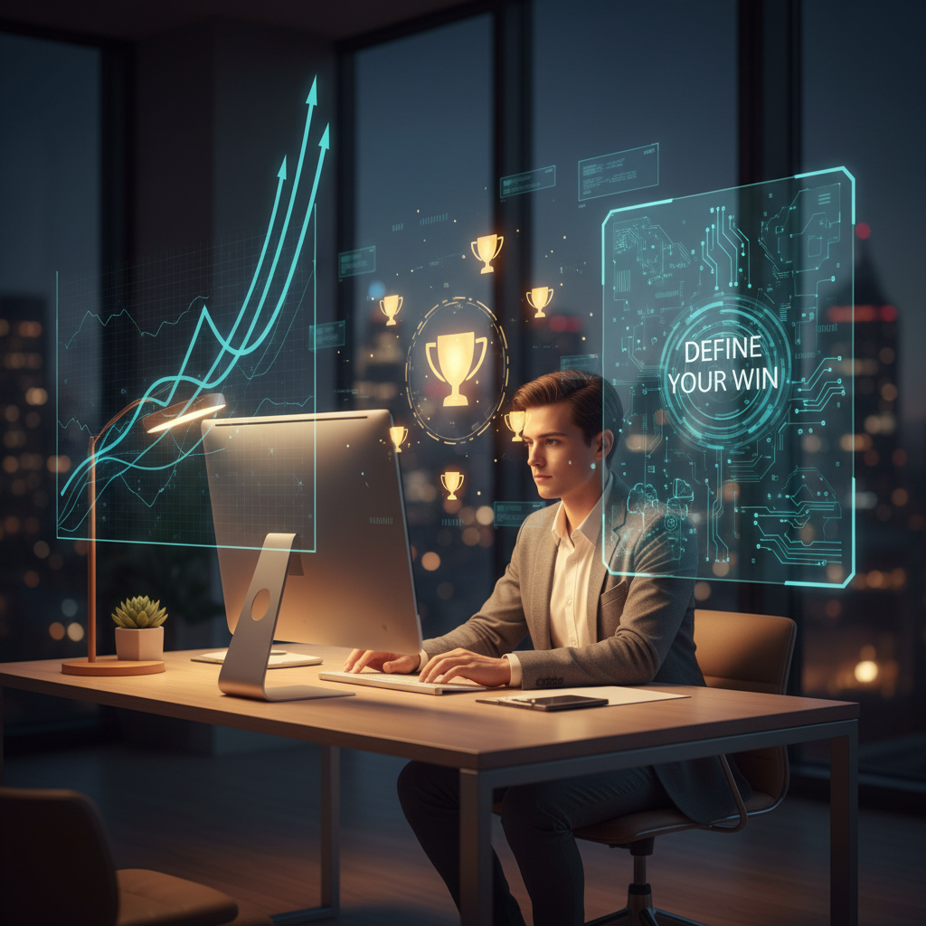 Job seeker preparing for an interview, surrounded by digital overlays of achievements, success metrics, and AI tools, evoking analysis and self-reflection.