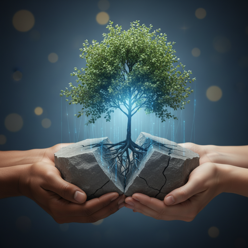 Hands nurturing a sapling through cracked stone, glowing with AI holographic roots, symbolizing growth from accountability and ownership