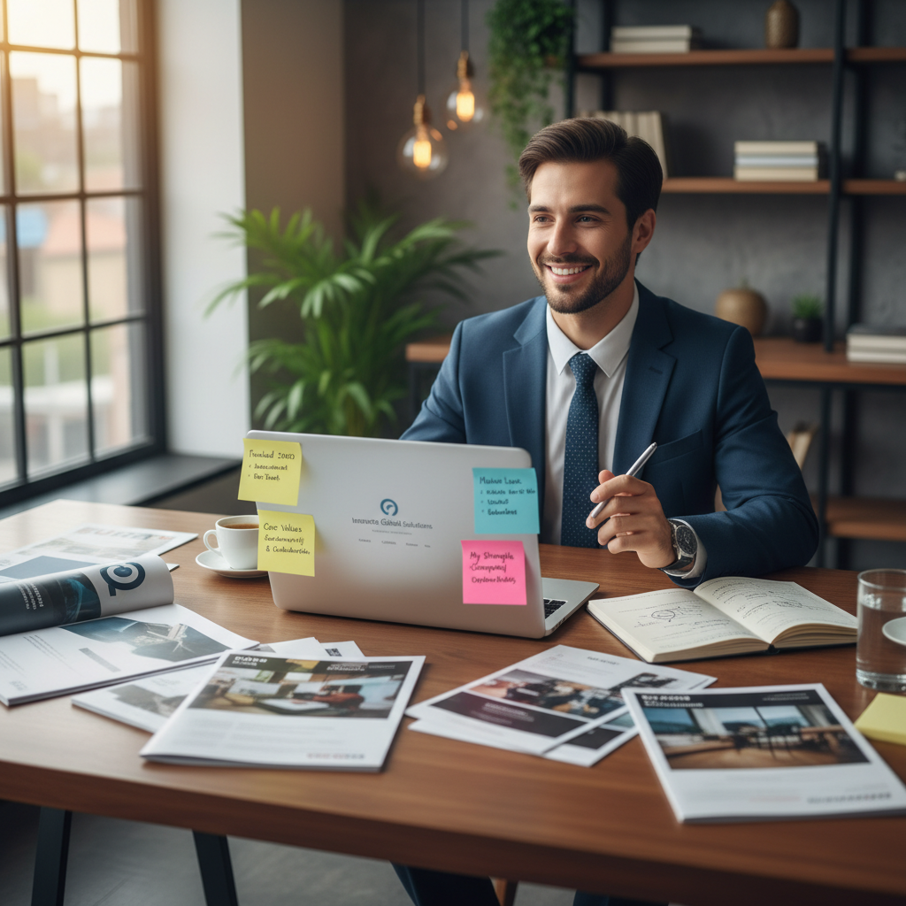 Confident candidate researching a company before interview