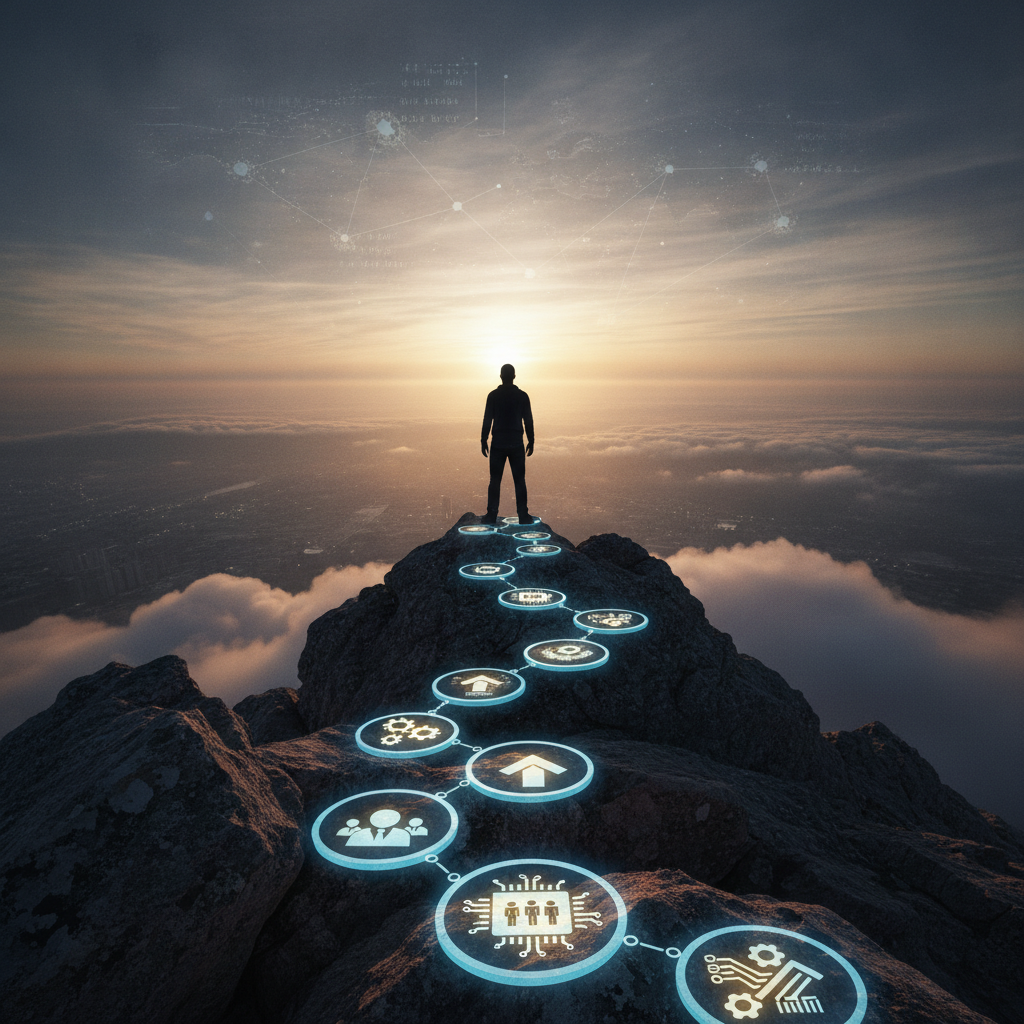 Escena realista de un profesional en la cima de una montaña al amanecer, con símbolos de logros profesionales e interconexiones digitales.