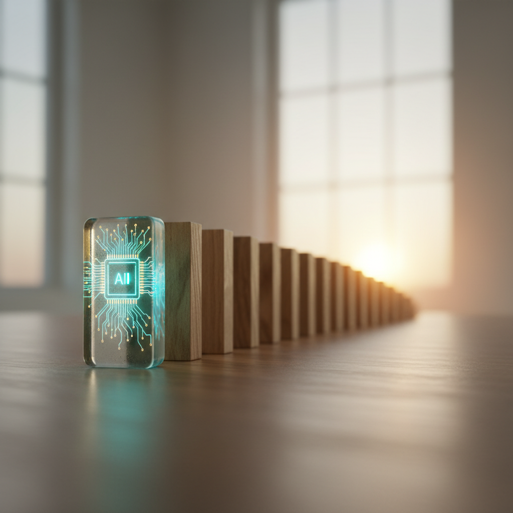 Shift-left security illustrated by a glowing AI domino leading a proactive chain reaction