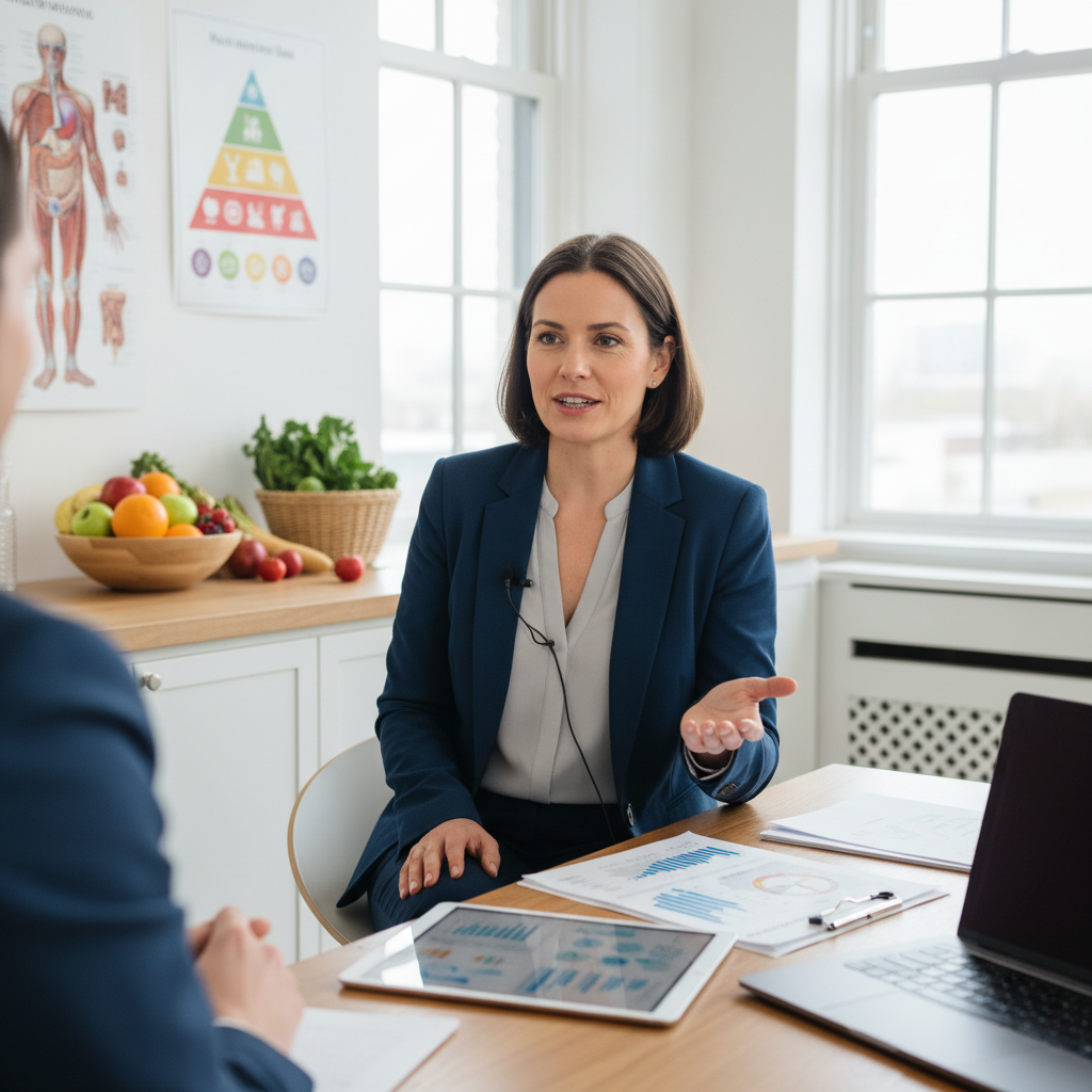 Dietitian answers interview questions in a modern healthcare setting with nutrition cues