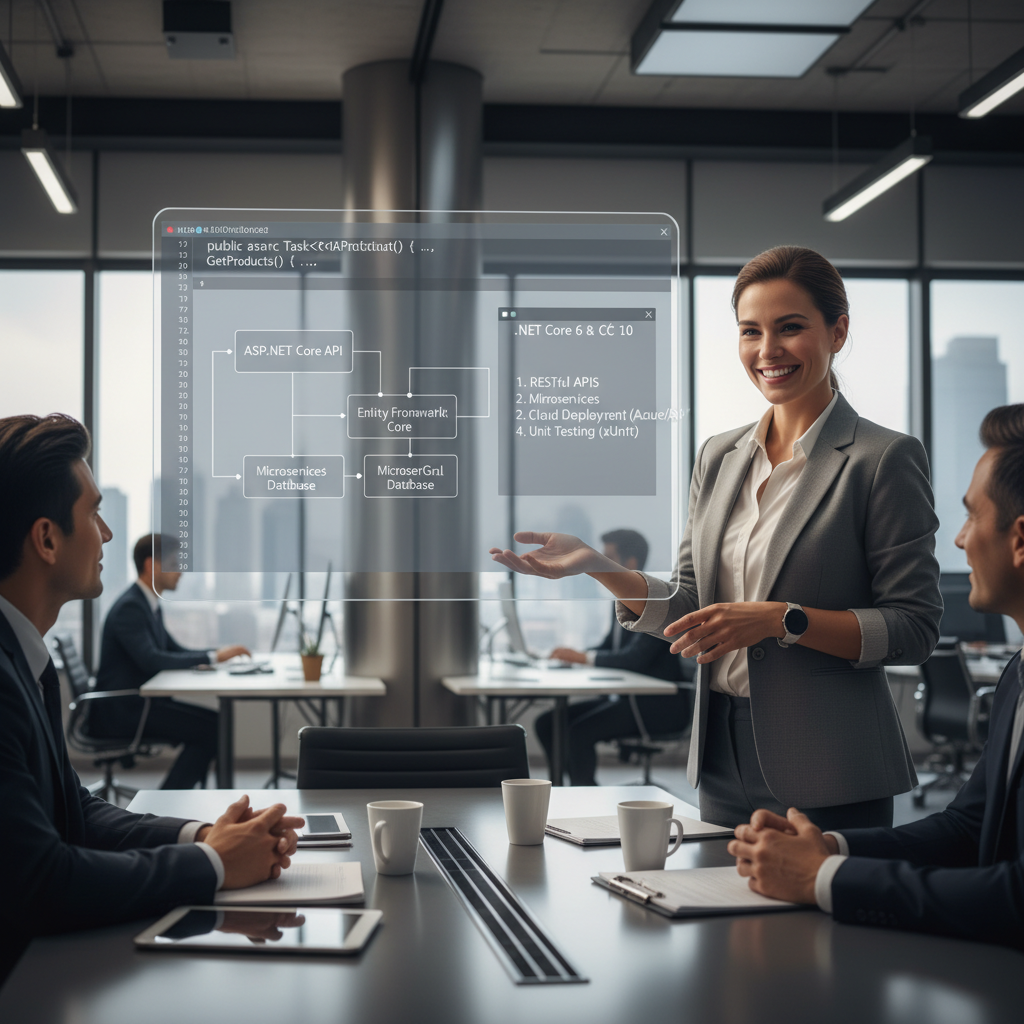 .NET Core interview: Developer answering technical questions confidently with code and diagrams