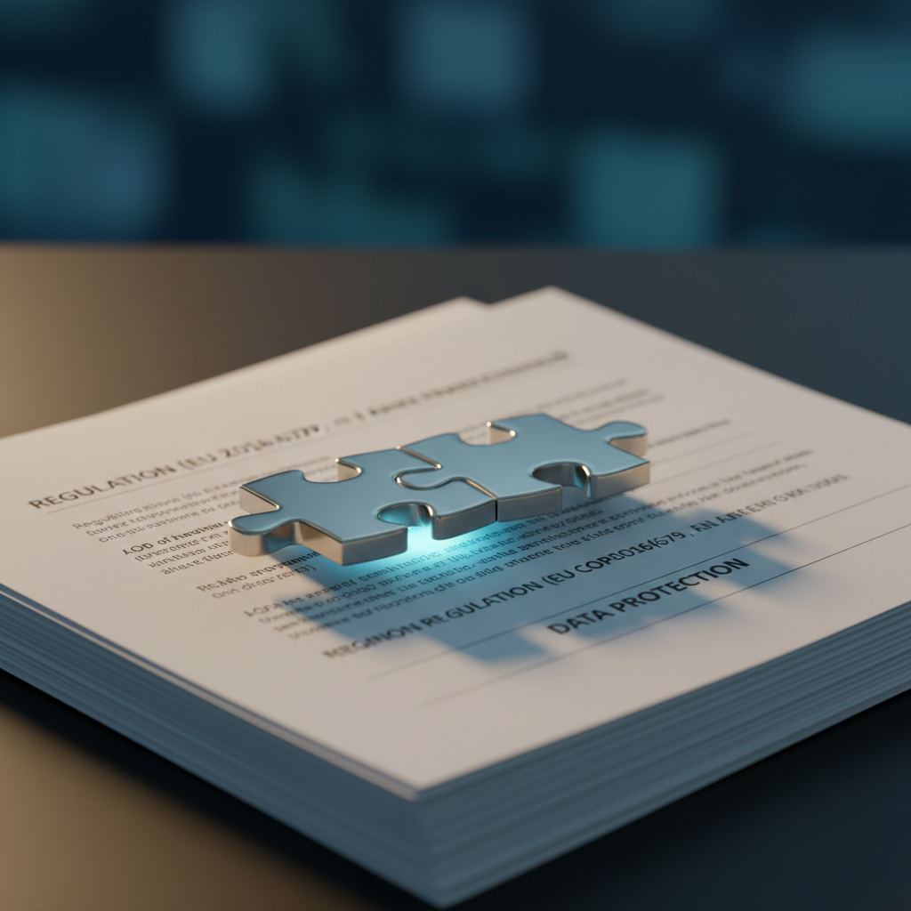 GDPR compliance puzzle metaphor: interlocking steel pieces and documents