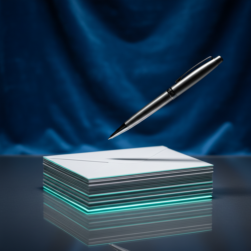 A polished silver pen poised above crisp white envelopes symbolizing professionalism in written follow up emails