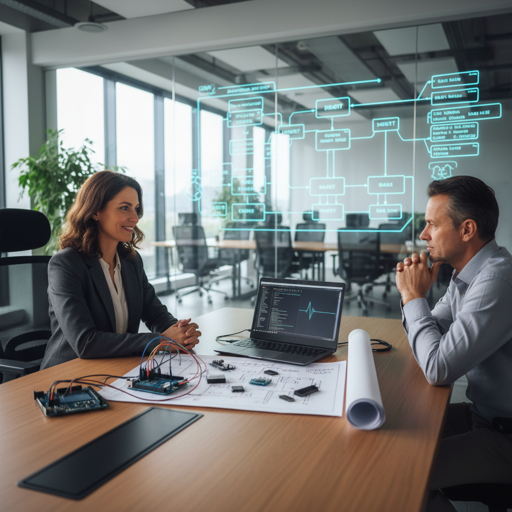 Modern embedded systems engineer interview scenario with microcontrollers and code in a tech office, reflecting 2025 trends