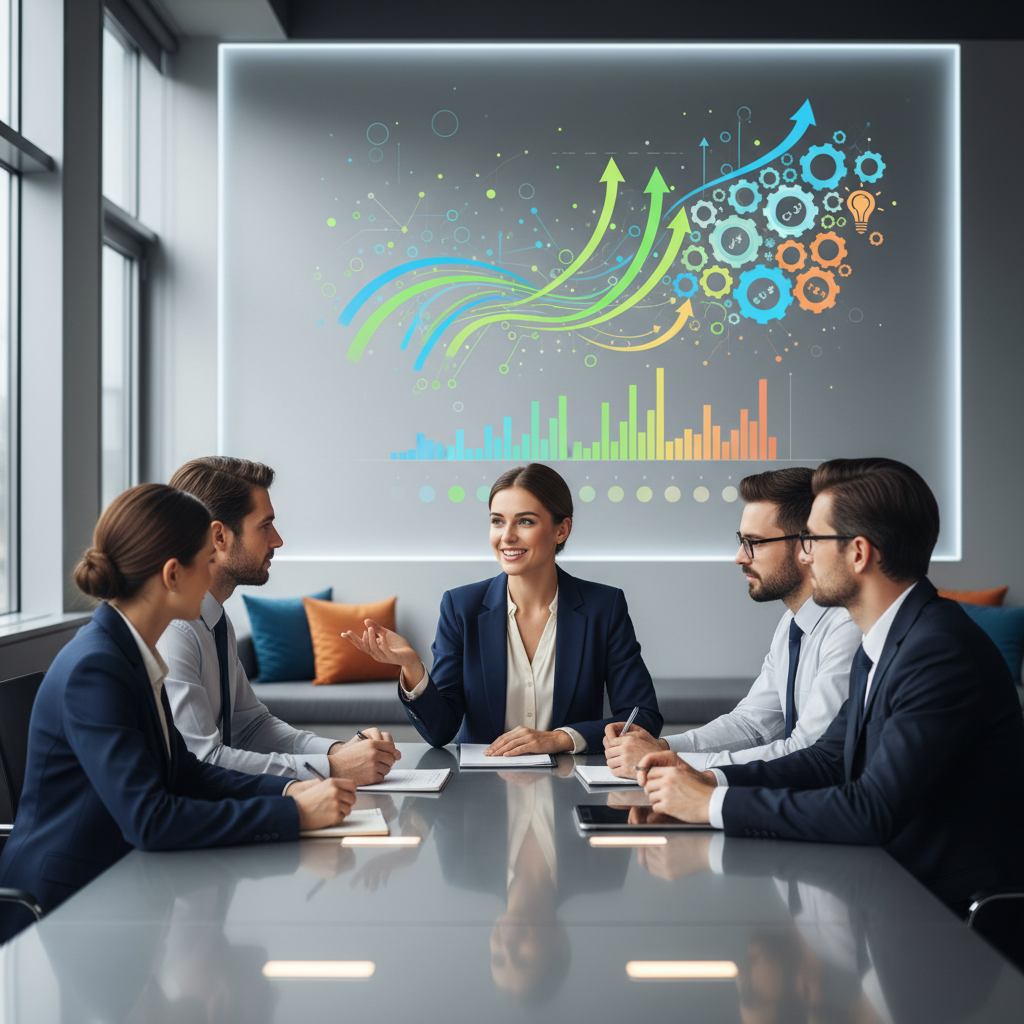 Candidate confidently telling a story of adaptability during an interview, with symbols of change in the background.