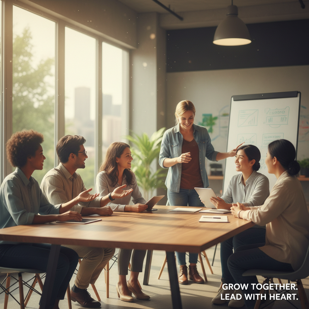 A team of professionals in a sunlit office, engaged in a constructive and positive feedback session around a table