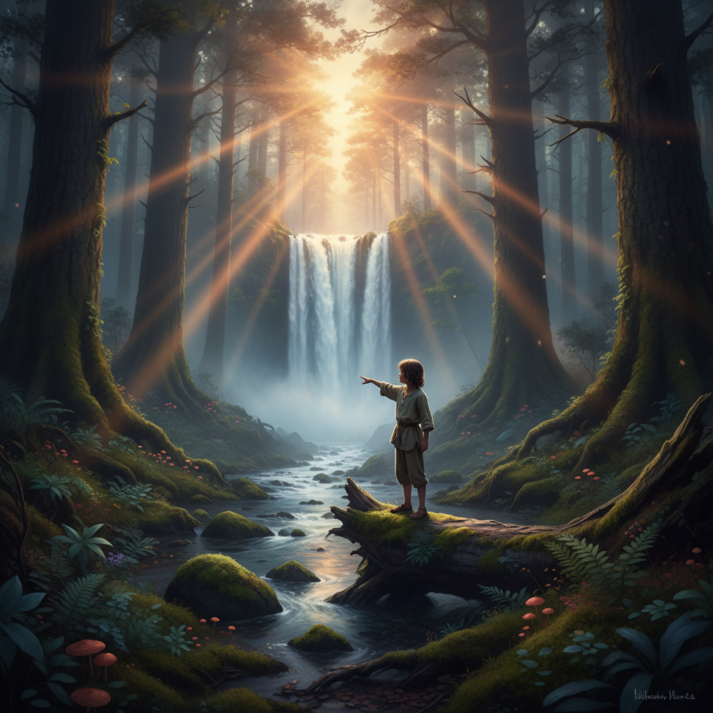 A child in nature reaching toward a waterfall, symbolizing emotional growth and future potential for kids