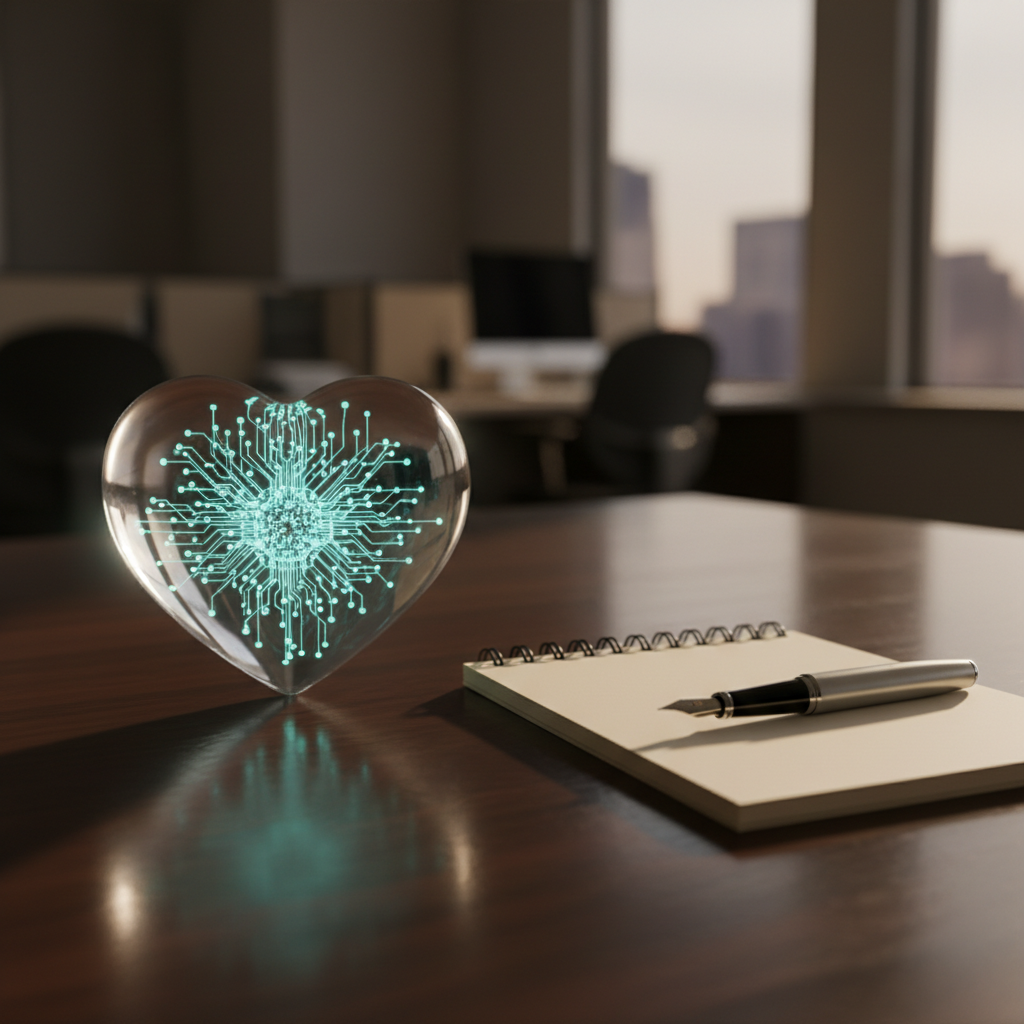 A glowing glass heart beside a notepad, symbolizing emotional intelligence and professionalism in job interviews.