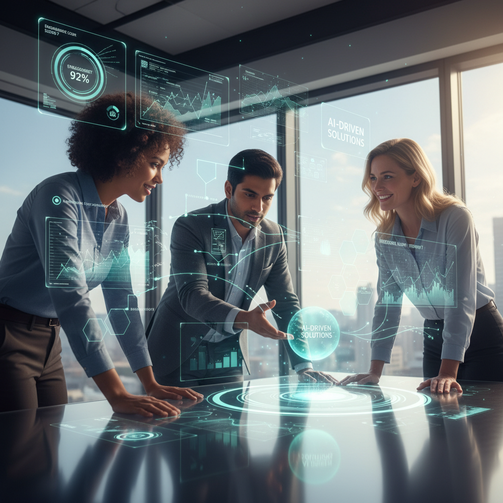 Modern meeting with diverse professionals, digital graphs overlayed, symbolizing real-time employee engagement feedback and analysis