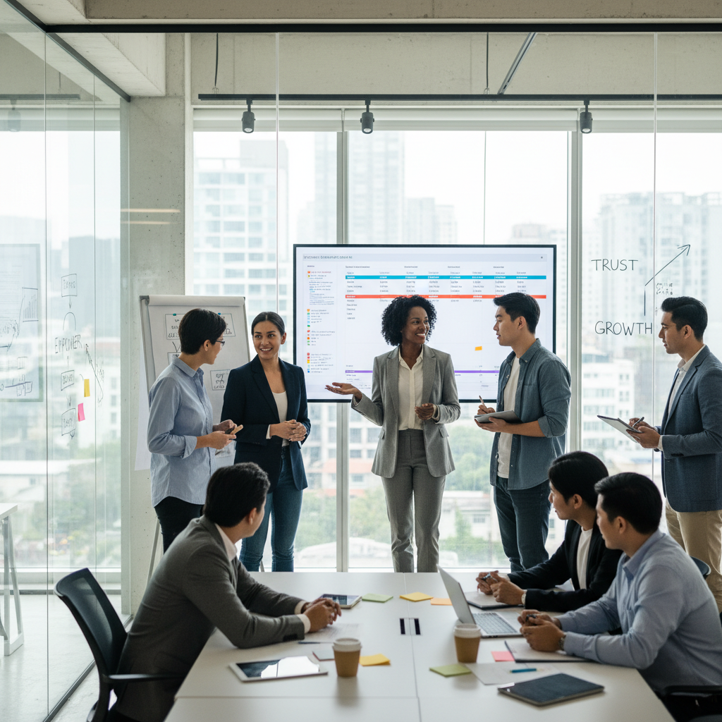 A leader empowering team members through effective delegation in a modern office environment