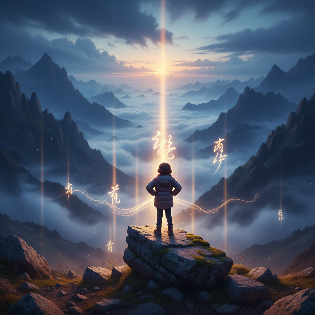 A child standing confidently on a mountain overlook at dusk, golden beams shining, symbolizing hope and growth from daily encouragement quotes