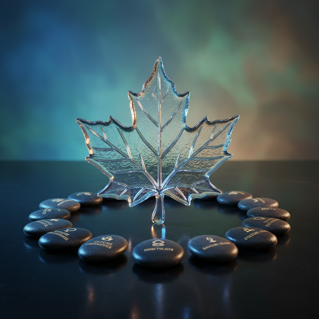 Codes culturels de l'entretien au Québec : une feuille d'érable en verre entourée de pierres symbolisant les règles et coutumes locales