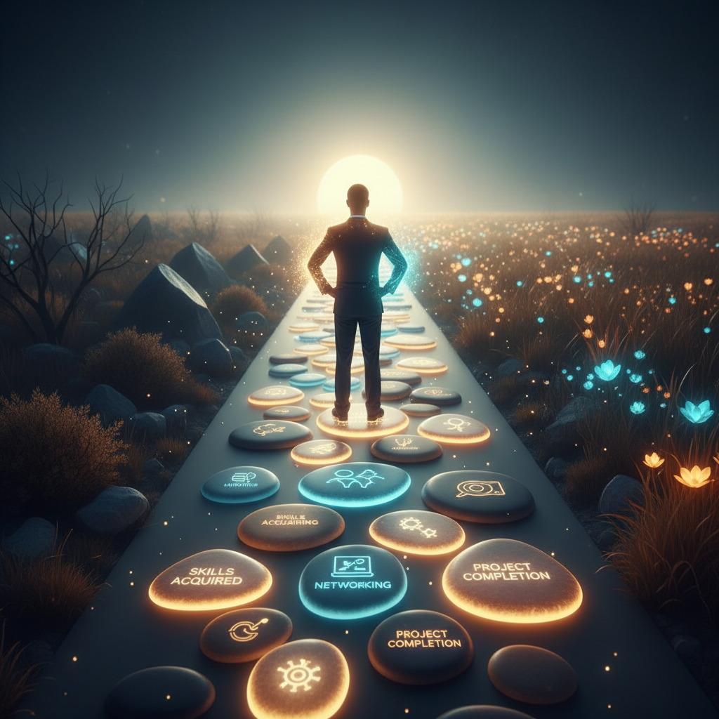 Un candidato avanzando hacia el éxito en entrevistas IA, cada paso representando preparación y confianza