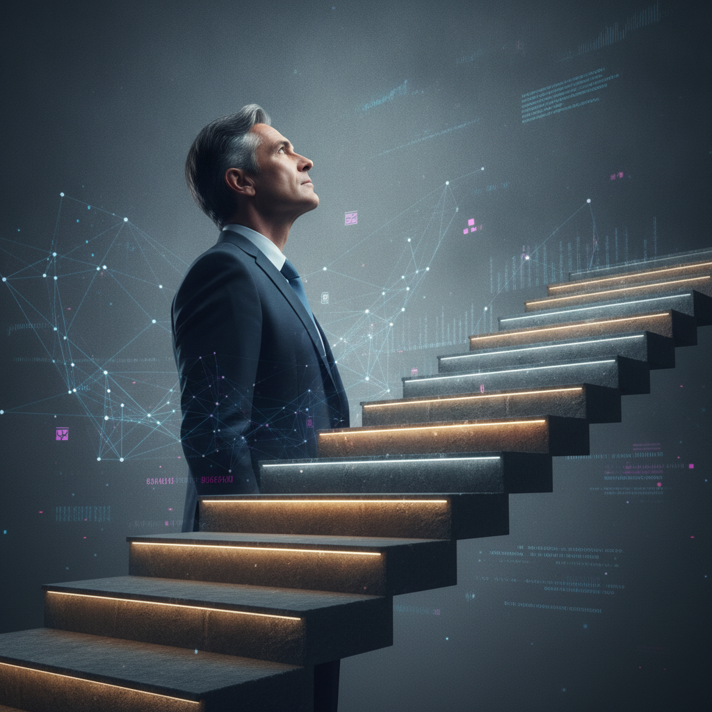 Profesional senior ascendiendo una escalera iluminada, representando crecimiento, potencial y visión ejecutiva