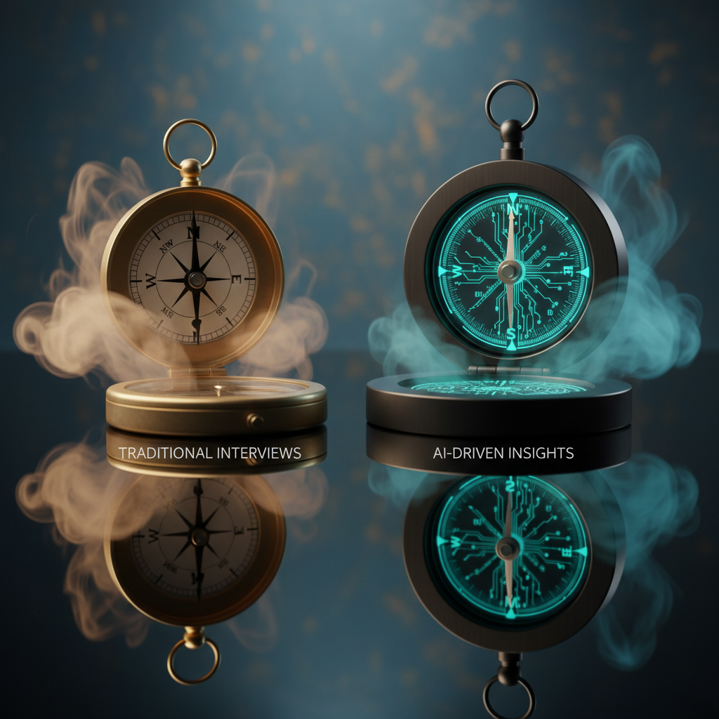 Comparación visual de brújulas que representan entrevistas tradicionales y con IA
