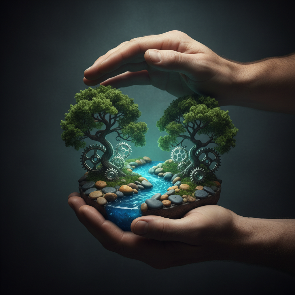Balancing innovation and nature in sustainability engineering - hands cradle a miniature eco-landscape with gears and rivers