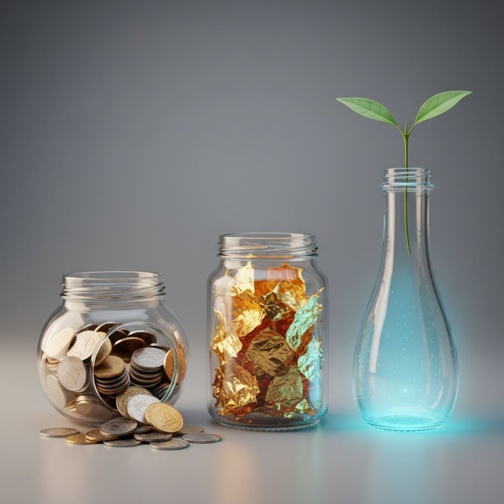 Three glass jars with coins, gold, and a glowing sprout representing different equity options and growth.