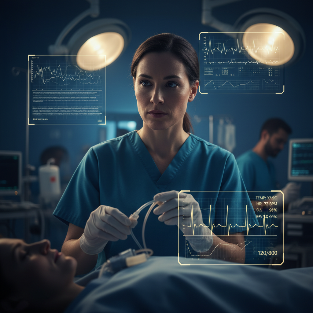 ER nurse in a photorealistic hospital, focused, surrounded by analytical overlays symbolizing critical thinking and real-time problem solving