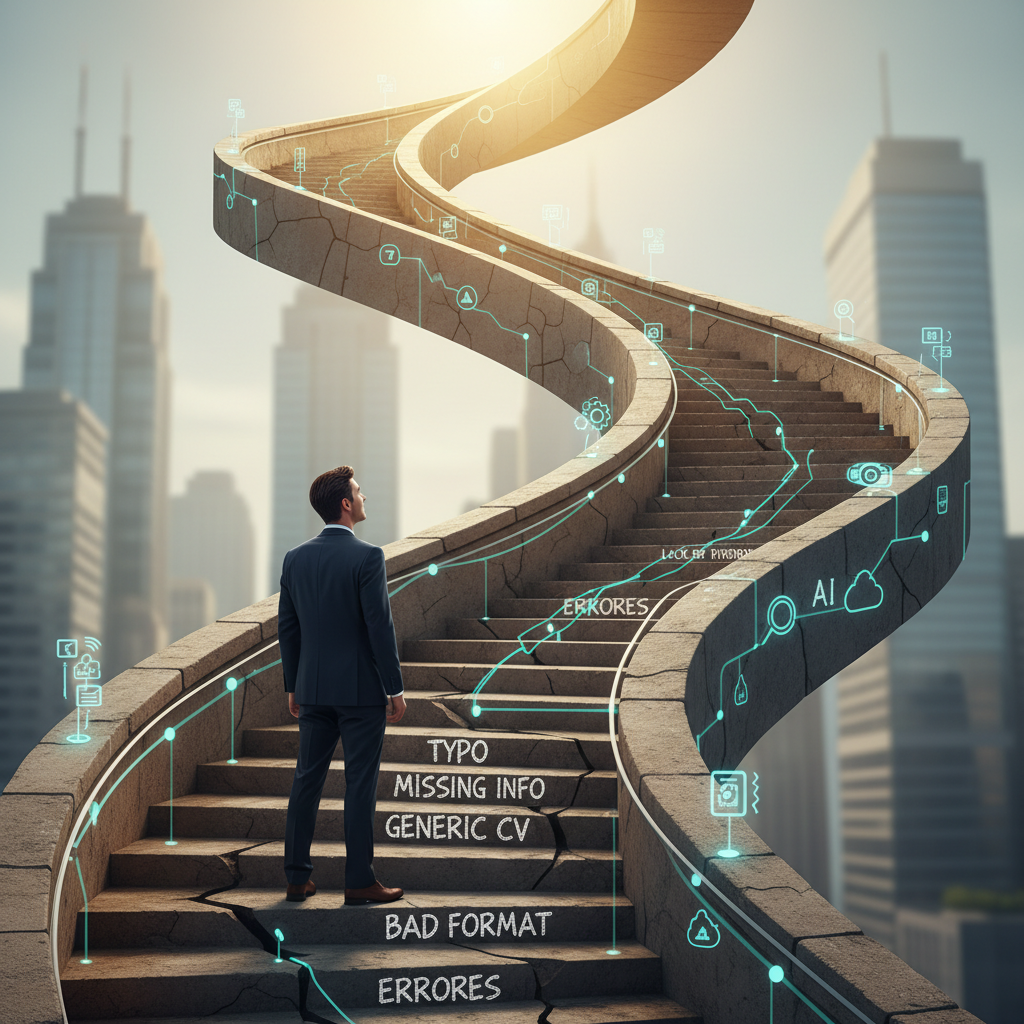 Error en el currículum representado por un camino complicado, obstáculos en los peldaños, y la luz de la oportunidad arriba