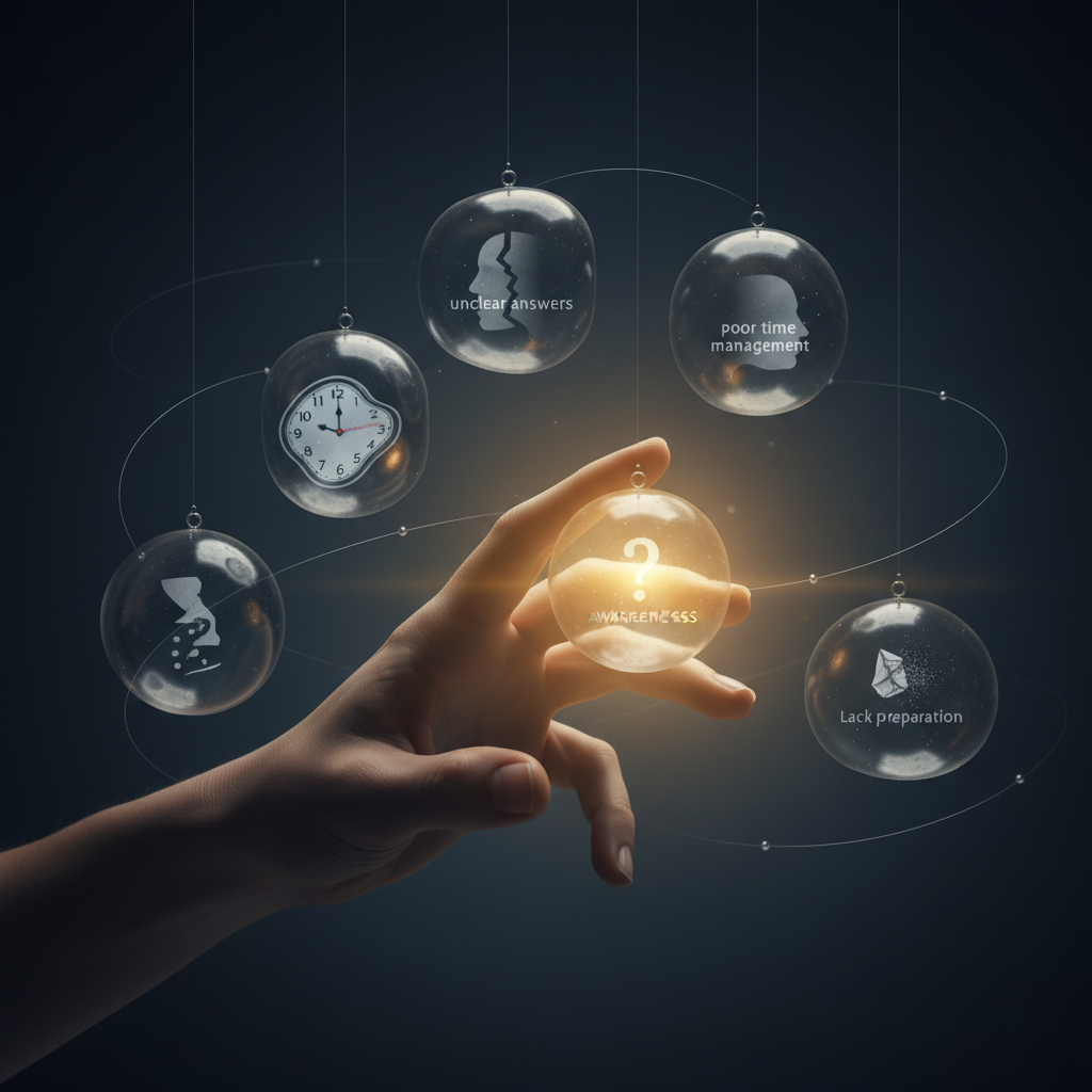 Errores comunes simbolizados en orbes y una mano preparándose para evitarlos